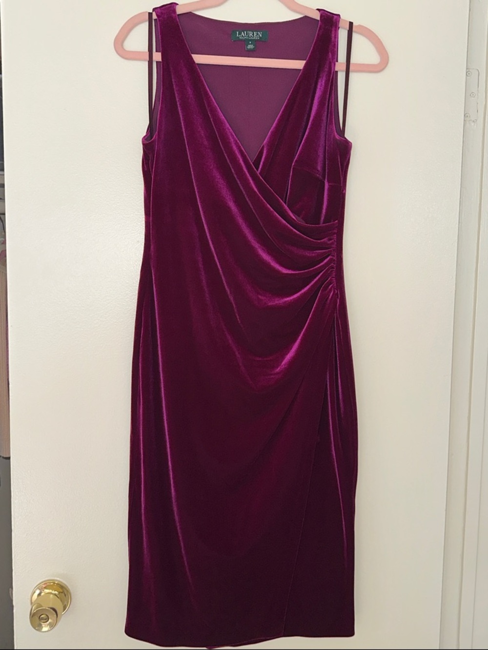 Lauren Ralph Lauren Deep Magenta Velvet Draped Midi Dress
